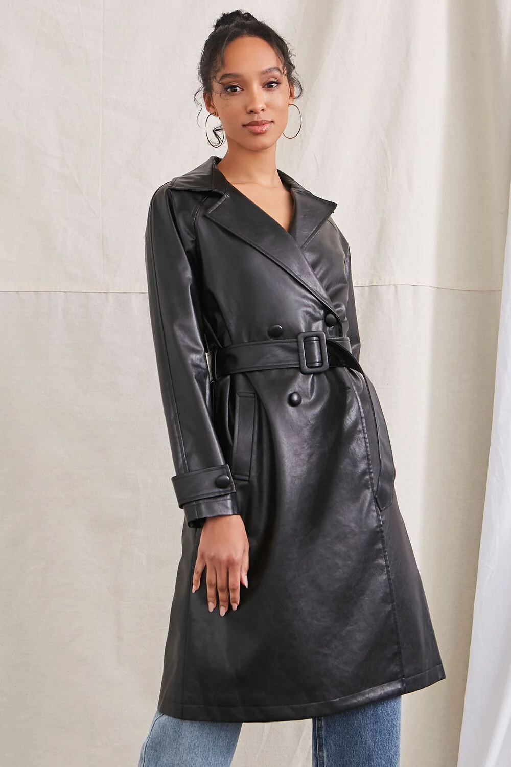 Faux Leather Double-Breasted Trench Coat