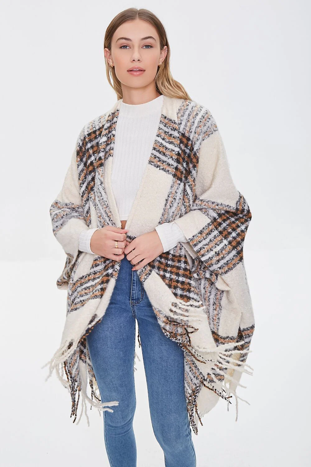 Brushed Plaid Fringe Poncho