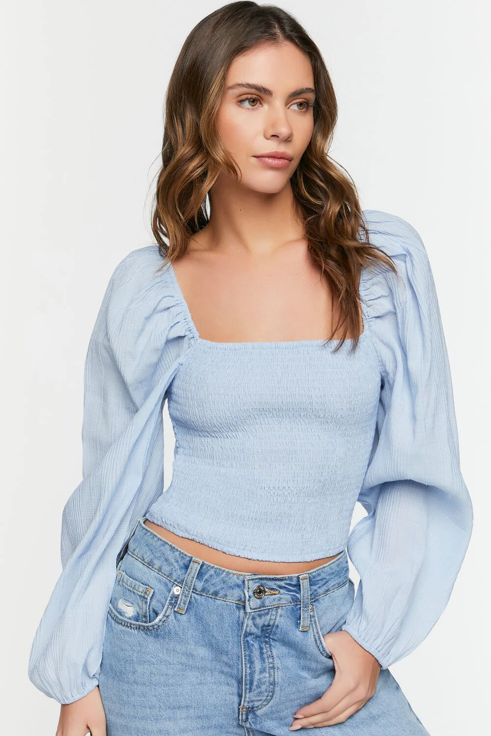 Puff-Sleeve Smocked Crop Top