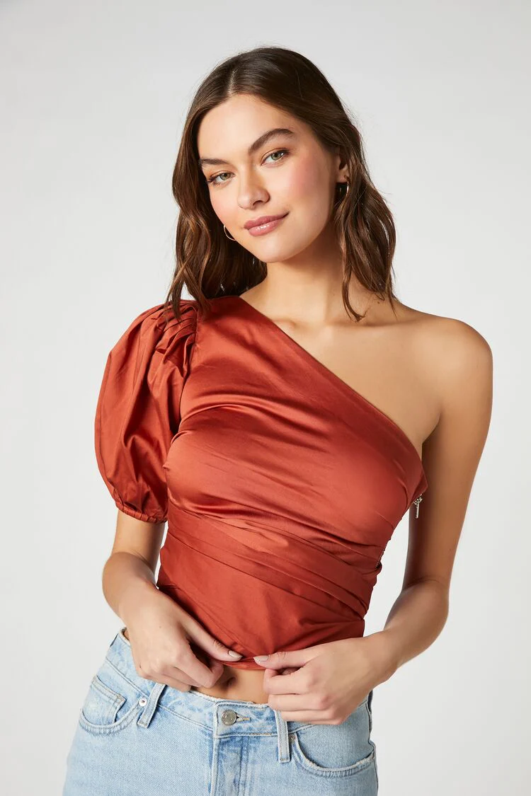 One-Shoulder Puff-Sleeve Crop Top