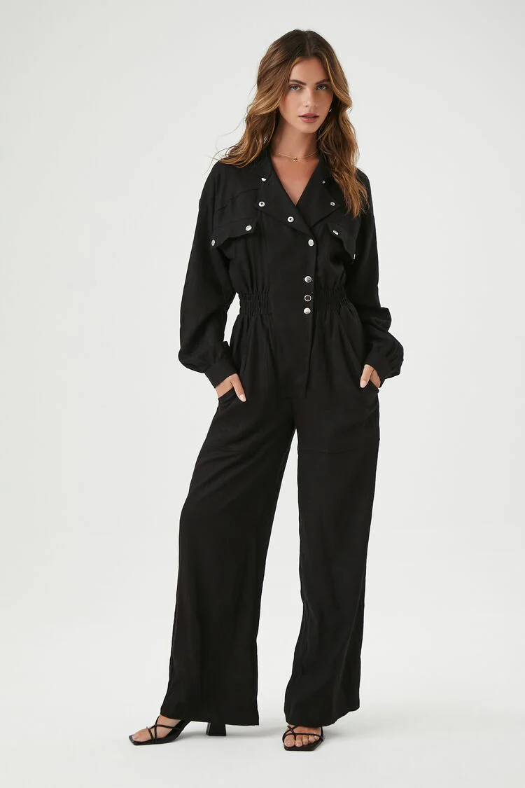 Linen-Blend Notched Jumpsuit