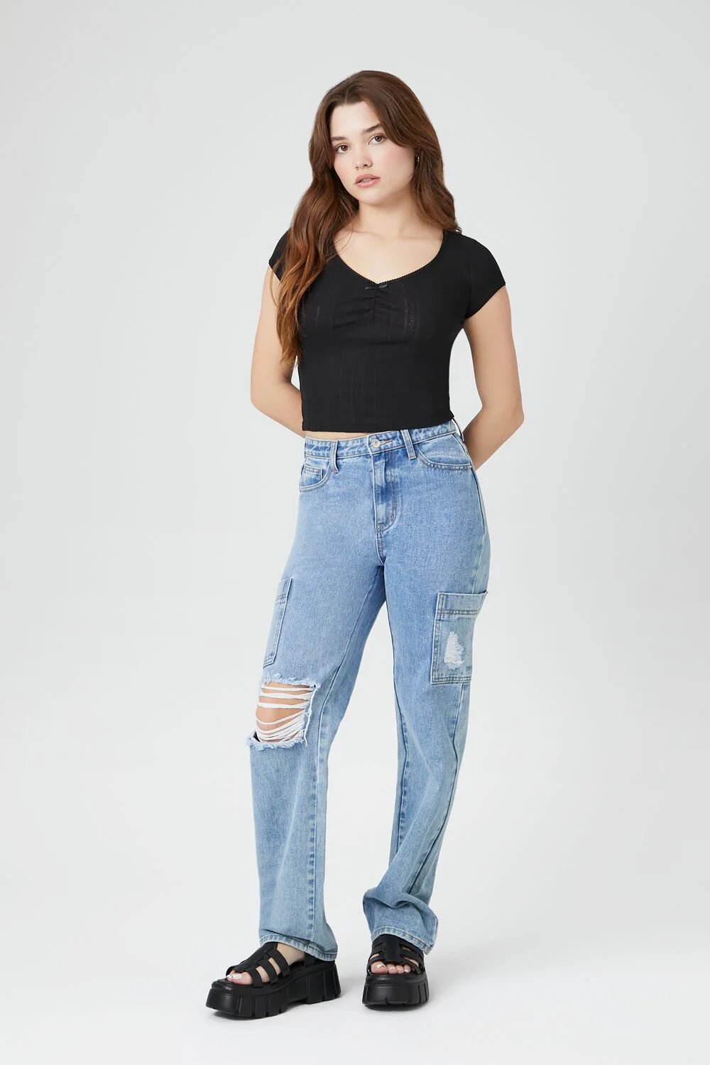 Cropped Pointelle Knit Tee - Image 4