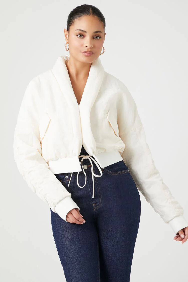 Ruched Tie-Front Puffer Jacket