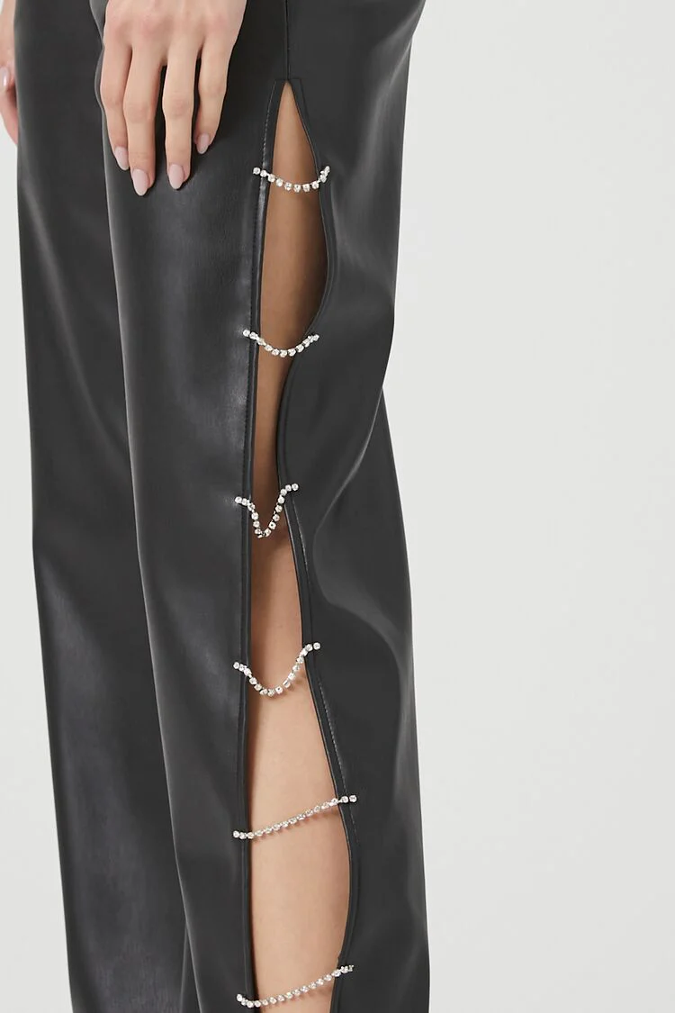Faux Leather Rhinestone Chain Pants - Image 6