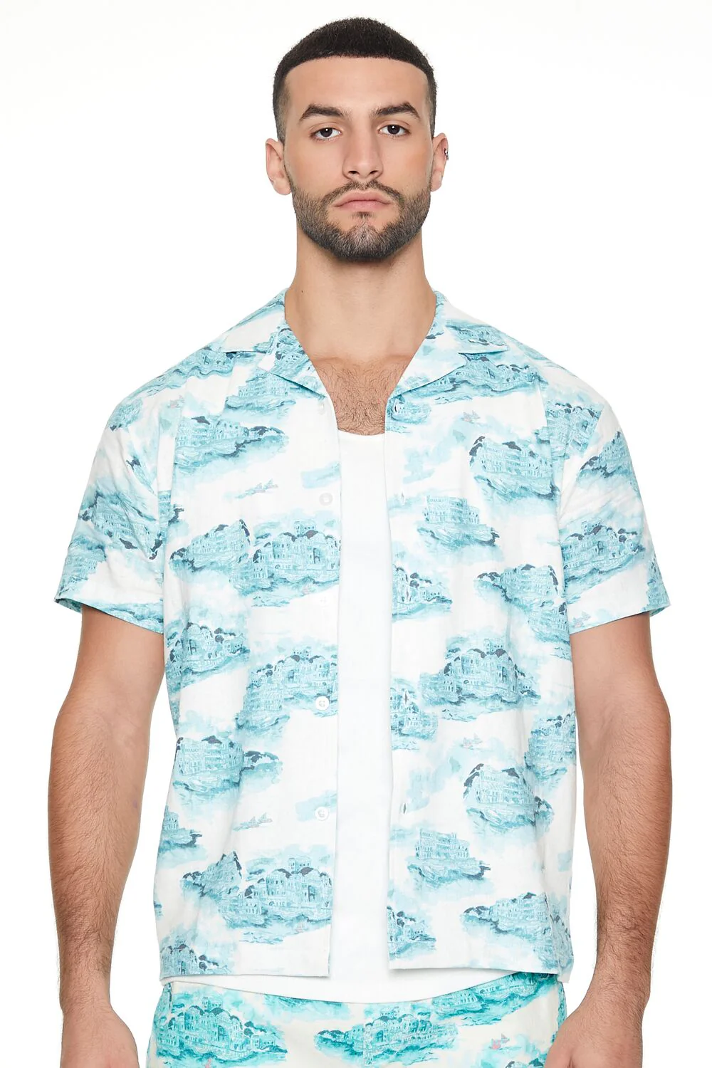 Linen-Blend Cityscape Print Shirt