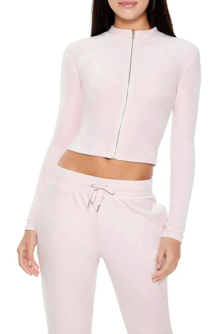 Velour Cropped Zip-Up Jacket