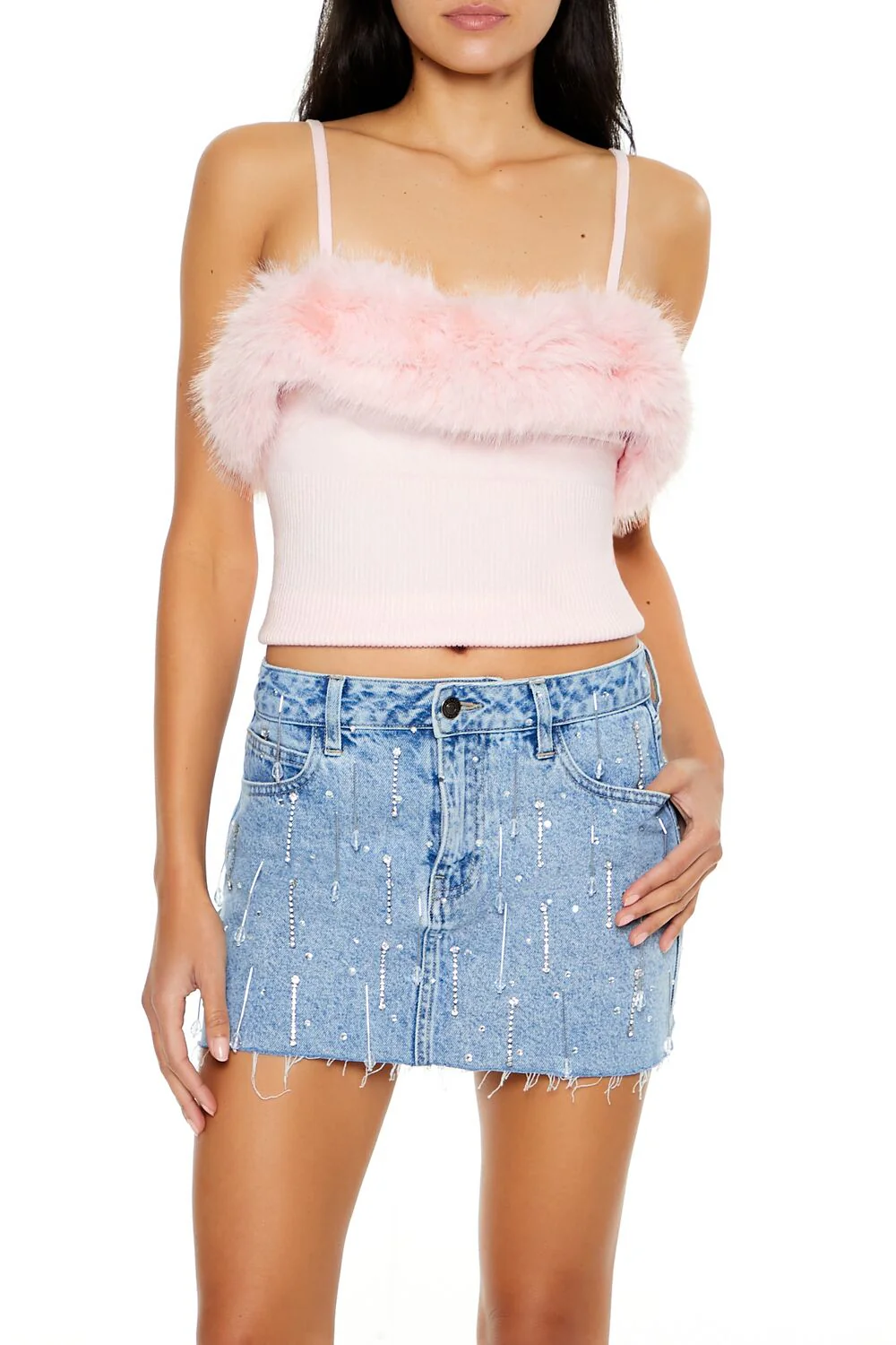 Faux Fur-Trim Sweater-Knit Cami