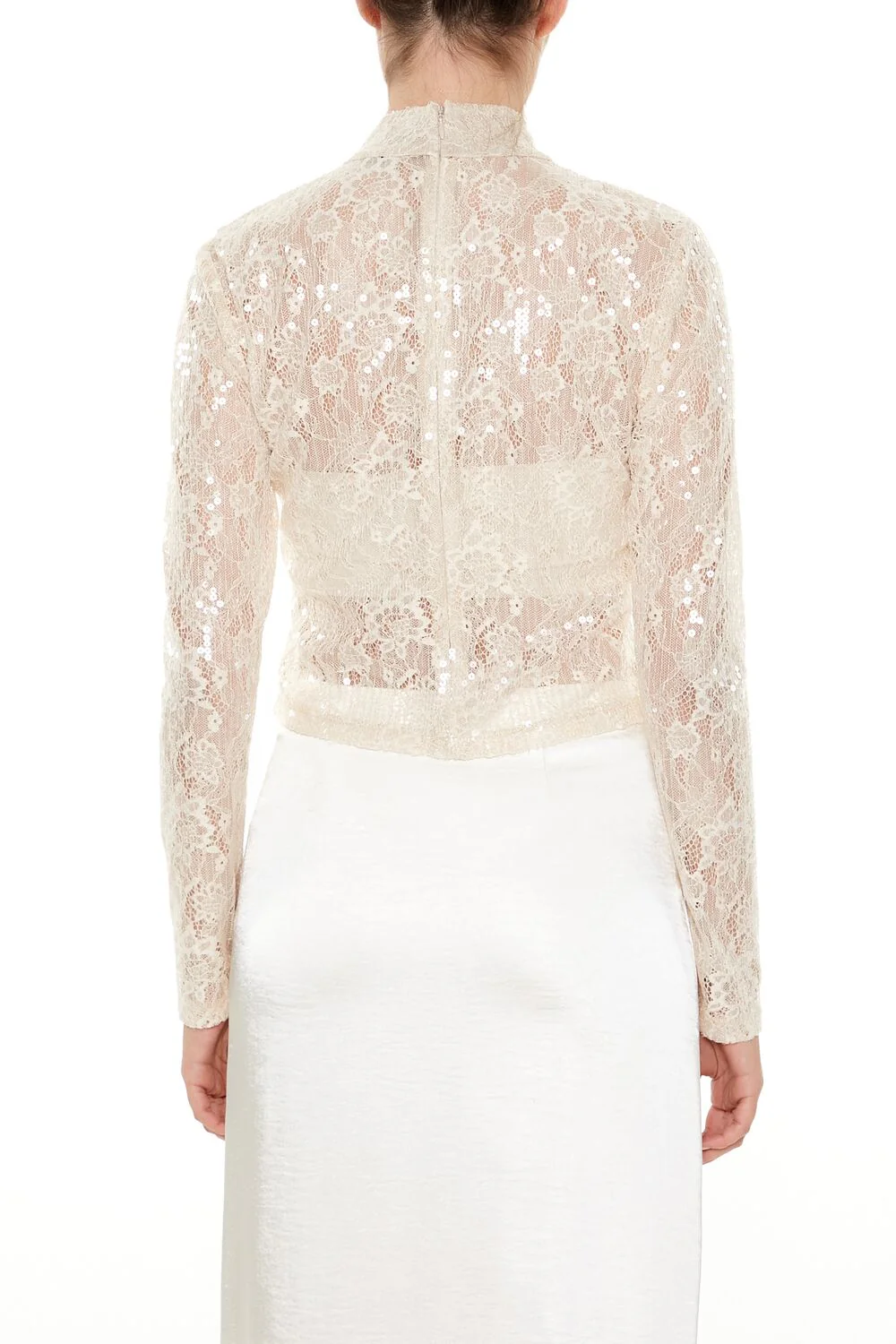 Sheer Lace Sequin Mock Neck Top - Image 10