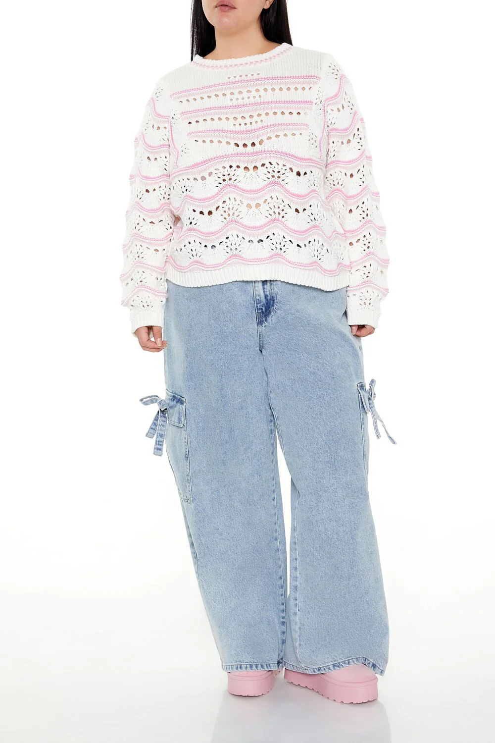 Plus Size Open-Knit Two-Tone Sweater - Image 2