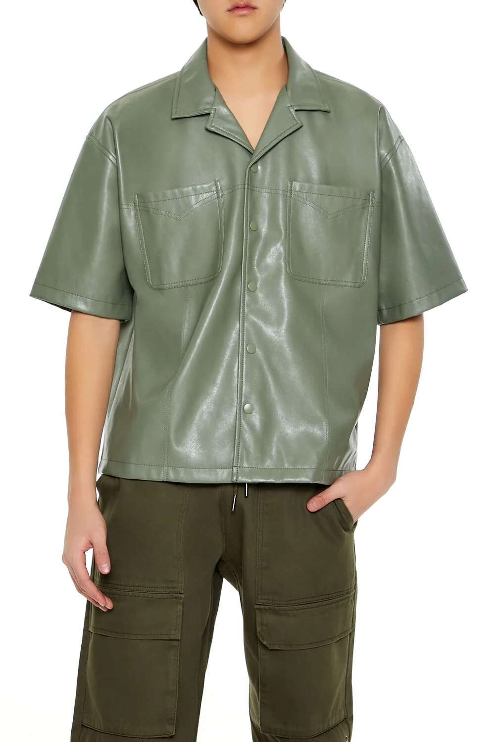 Embroidered Faux Leather Shirt