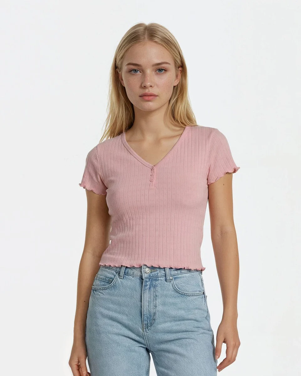 Ribbed Lettuce-Edge Henley Tee