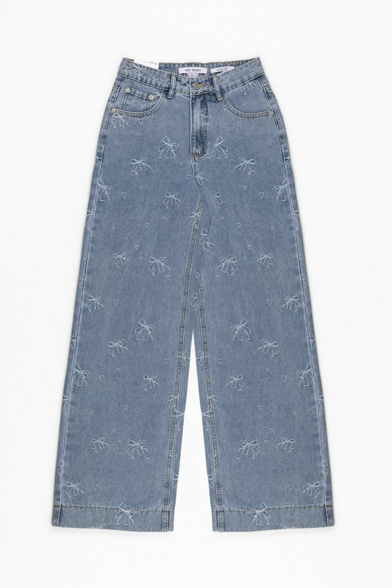 Embroidered Bow Print Wide-Leg Jeans - Image 2