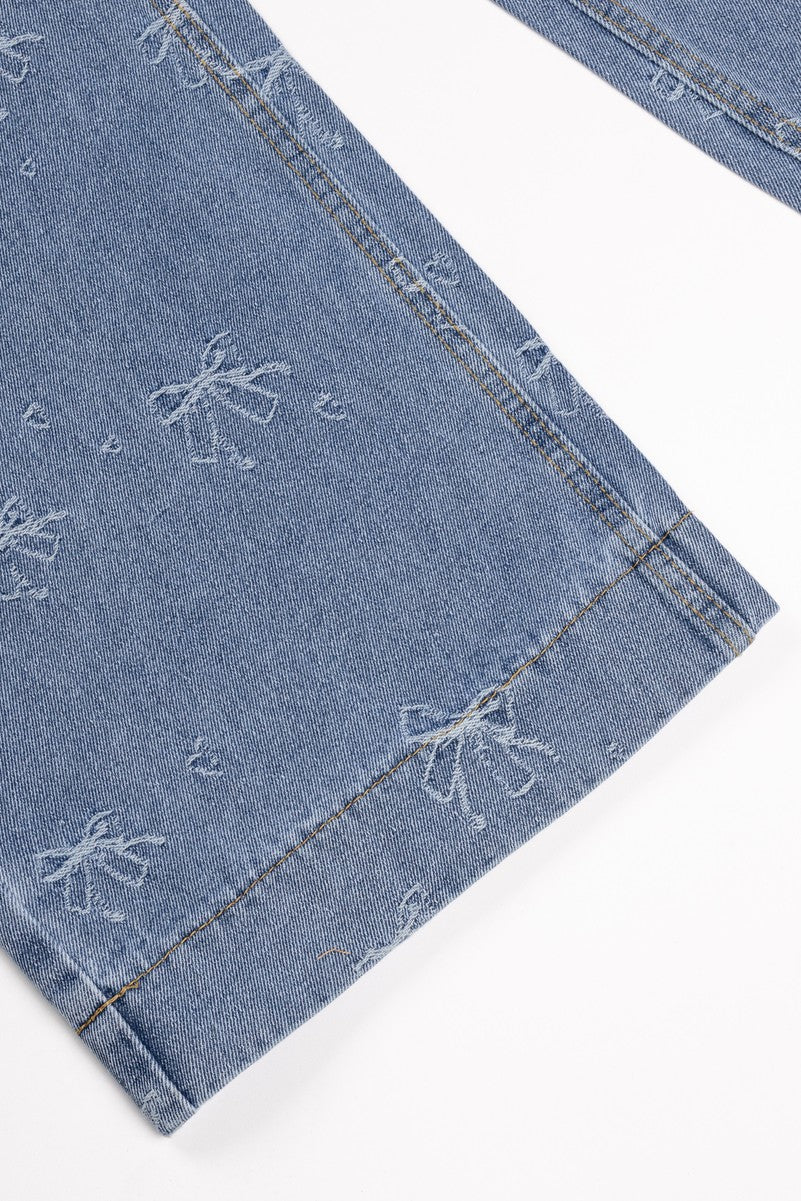 Embroidered Bow Print Wide-Leg Jeans - Image 5