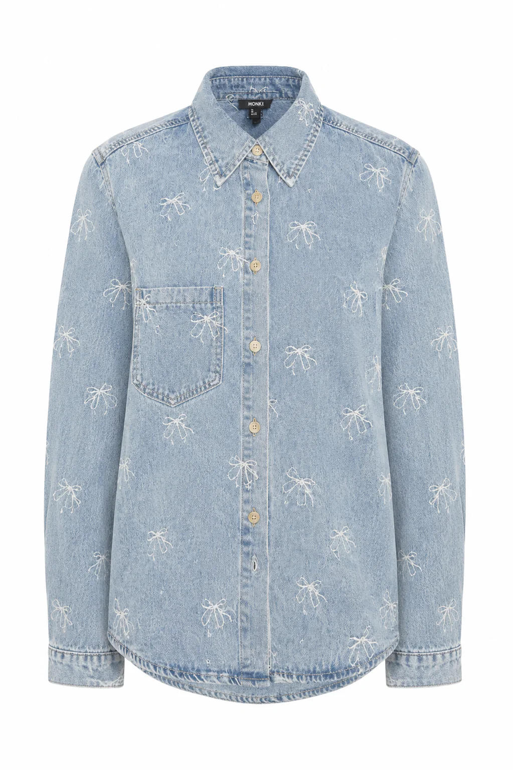 Embroidered Bow Print Oversized Denim Shirt - Image 3