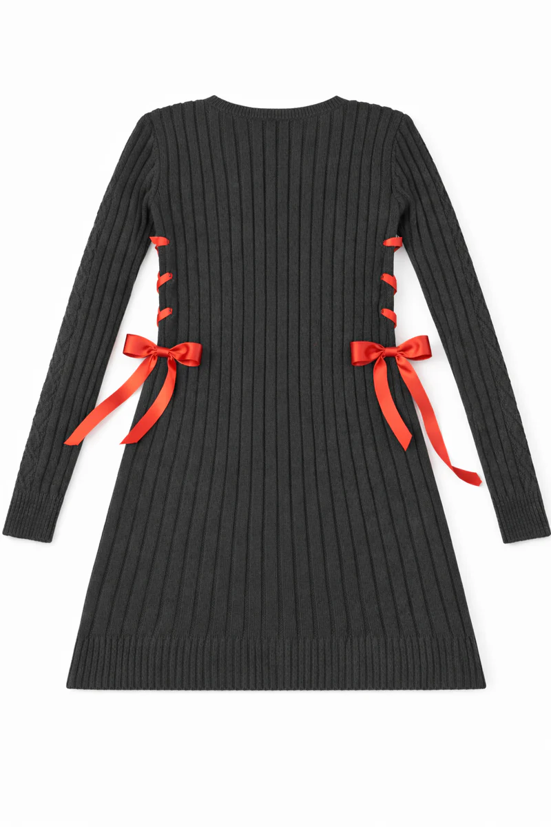 Cable Knit Lace-Up Ribbon Mini Dress - Image 4