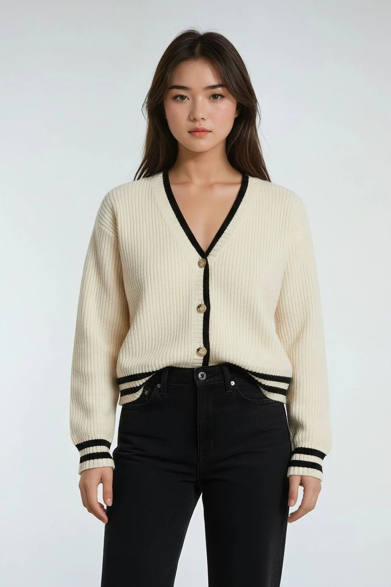 Oversized Contrast-Trim Ribbed Cardigan
