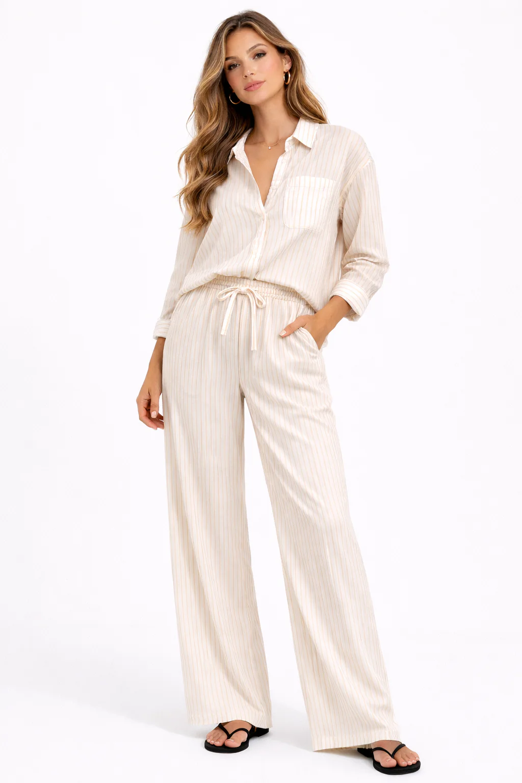 Striped Long Sleeve Shirt and Wide Leg Pants Set - Image 2