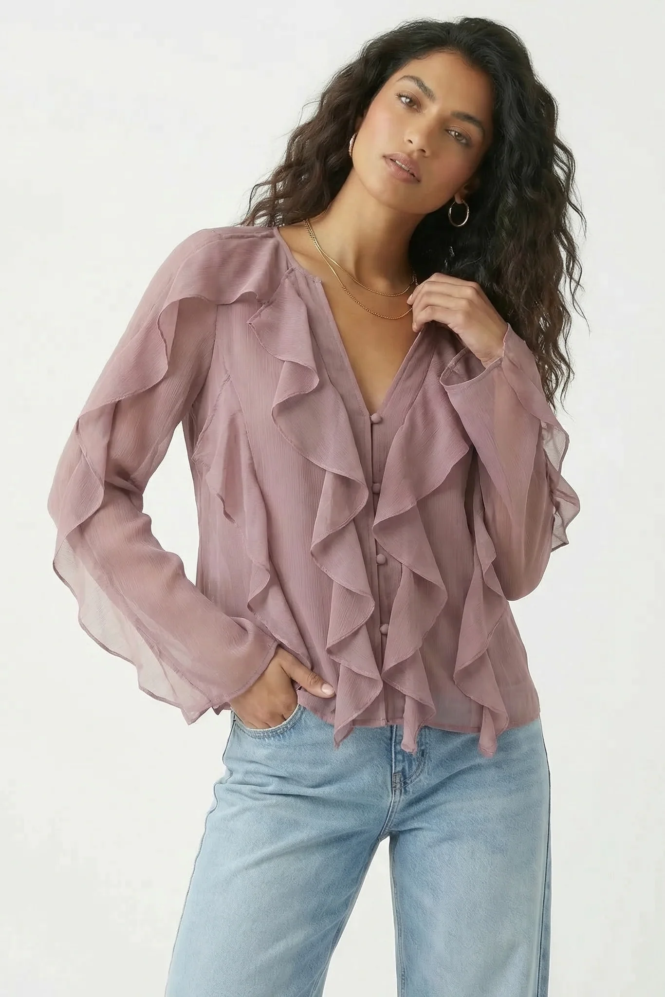 Chiffon Button Front Ruffle Detail Blouse - Image 5