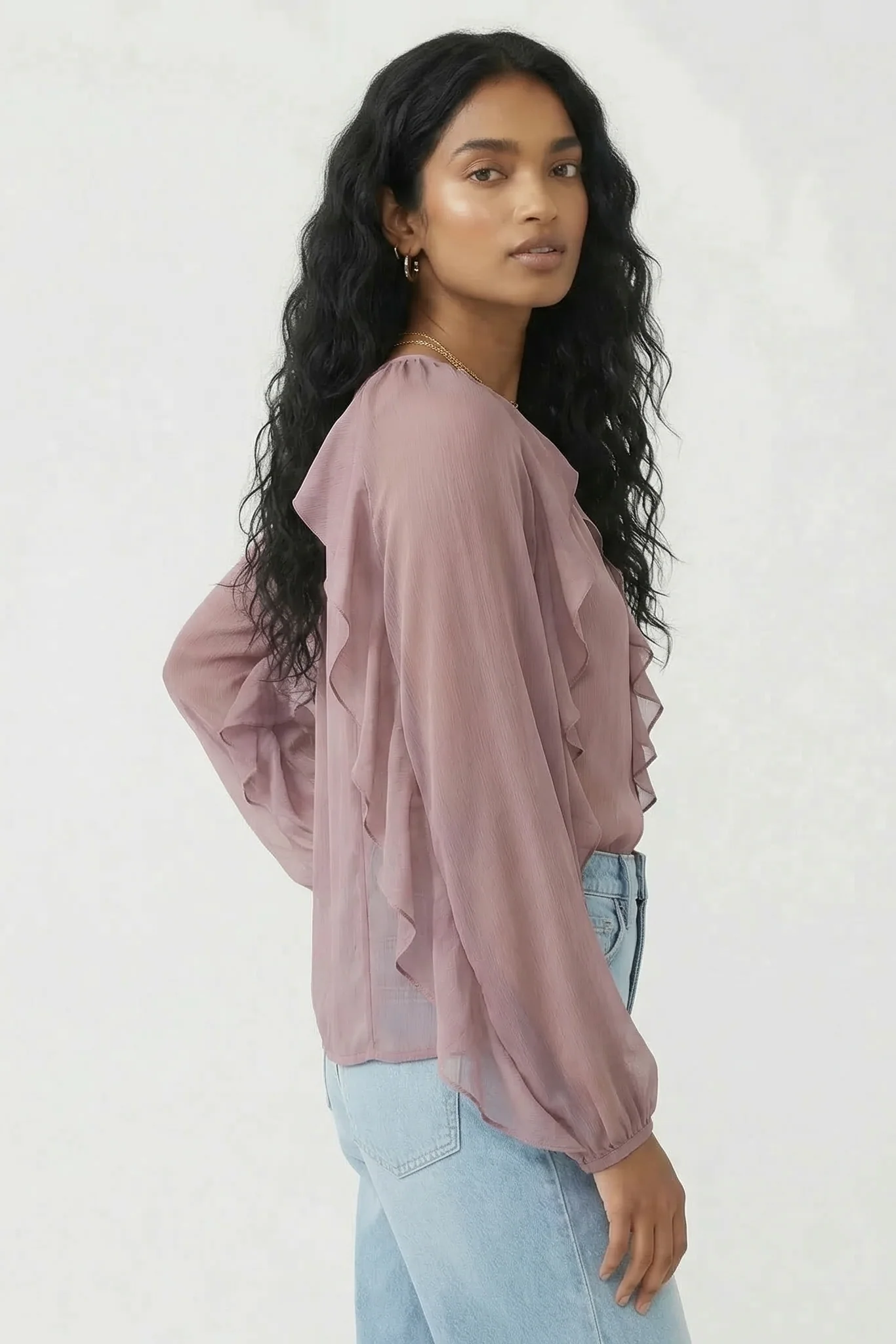 Chiffon Button Front Ruffle Detail Blouse - Image 6