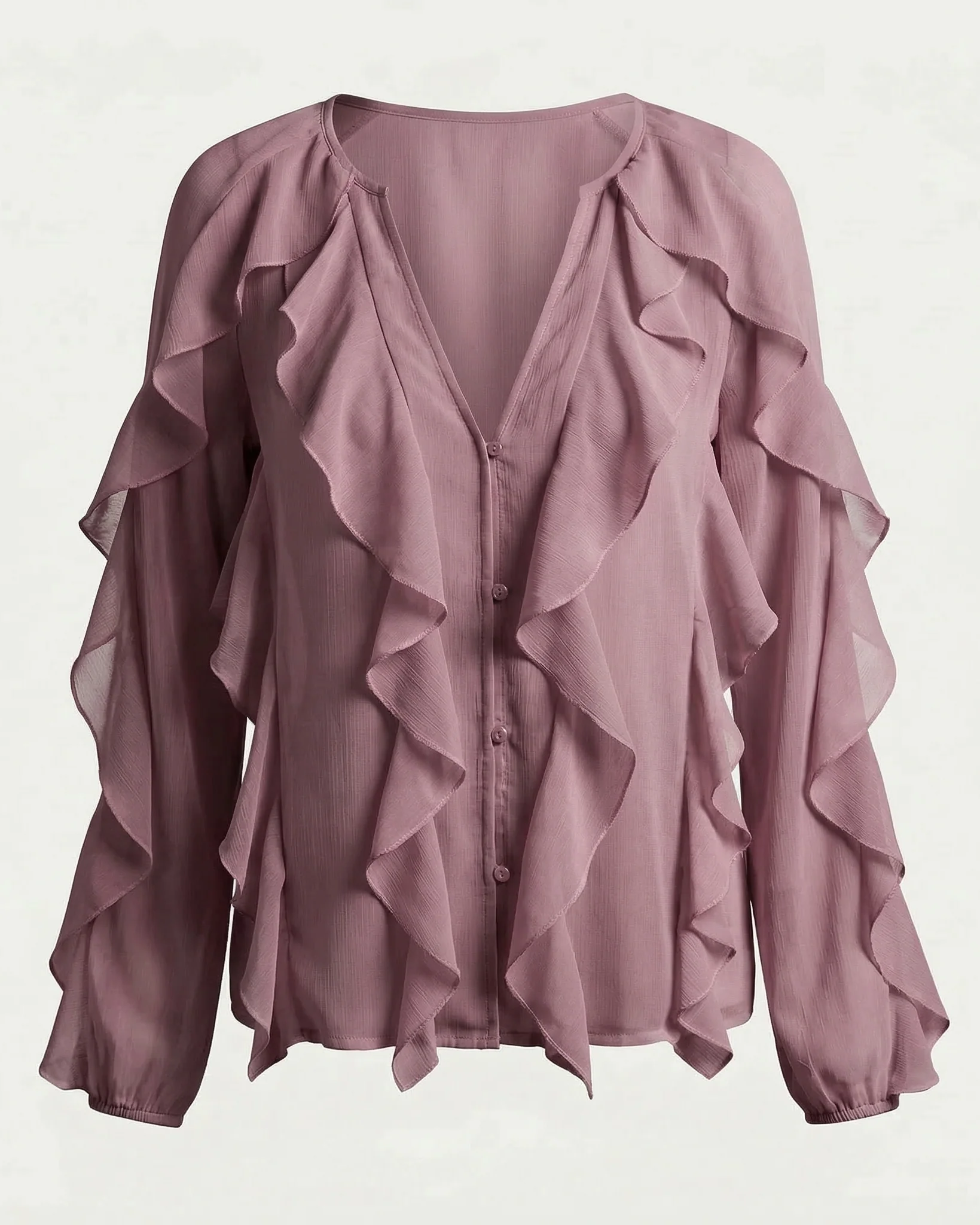 Chiffon Button Front Ruffle Detail Blouse - Image 7