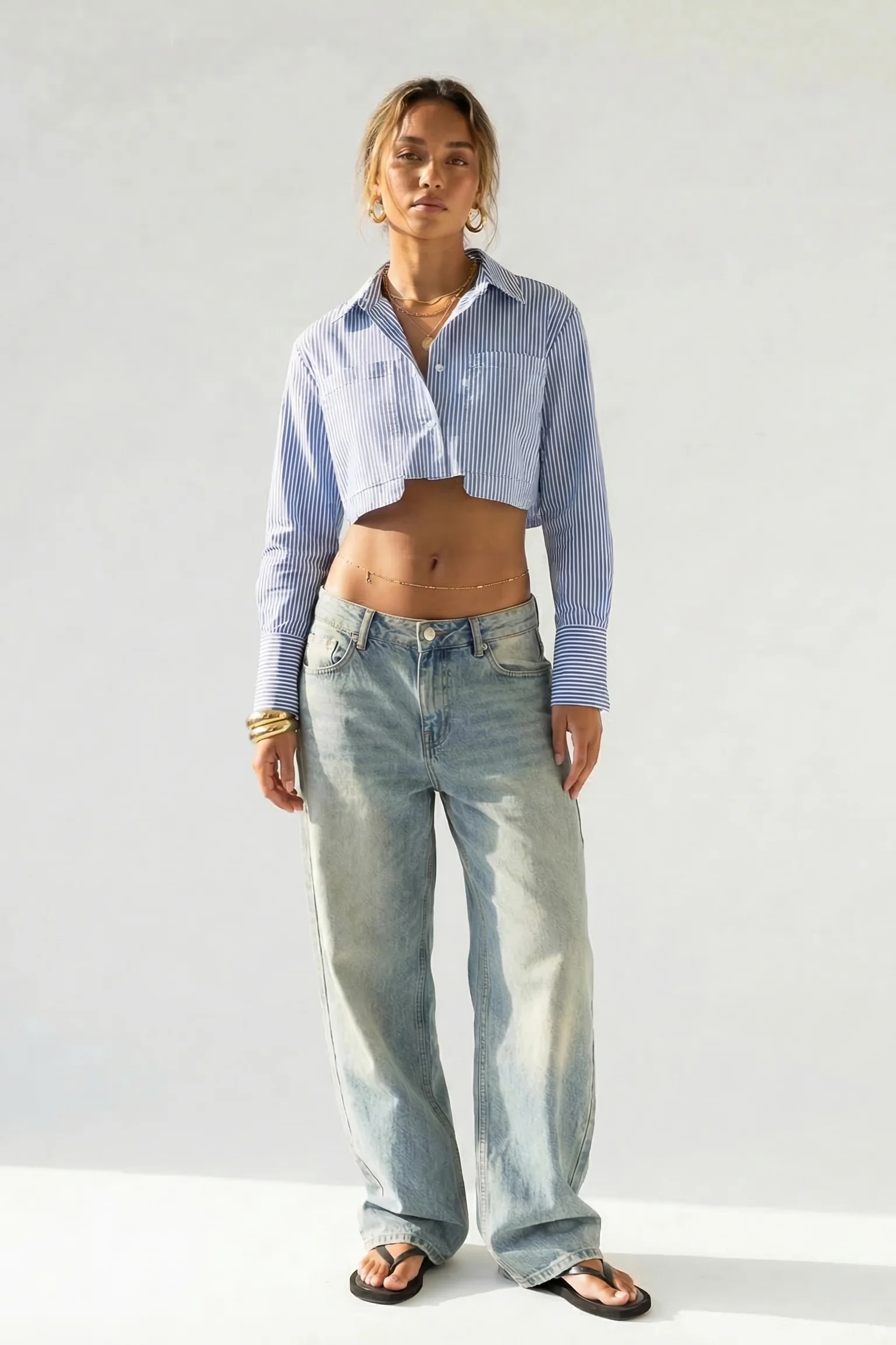 Striped Cropped Button Front Shirt - Image 3