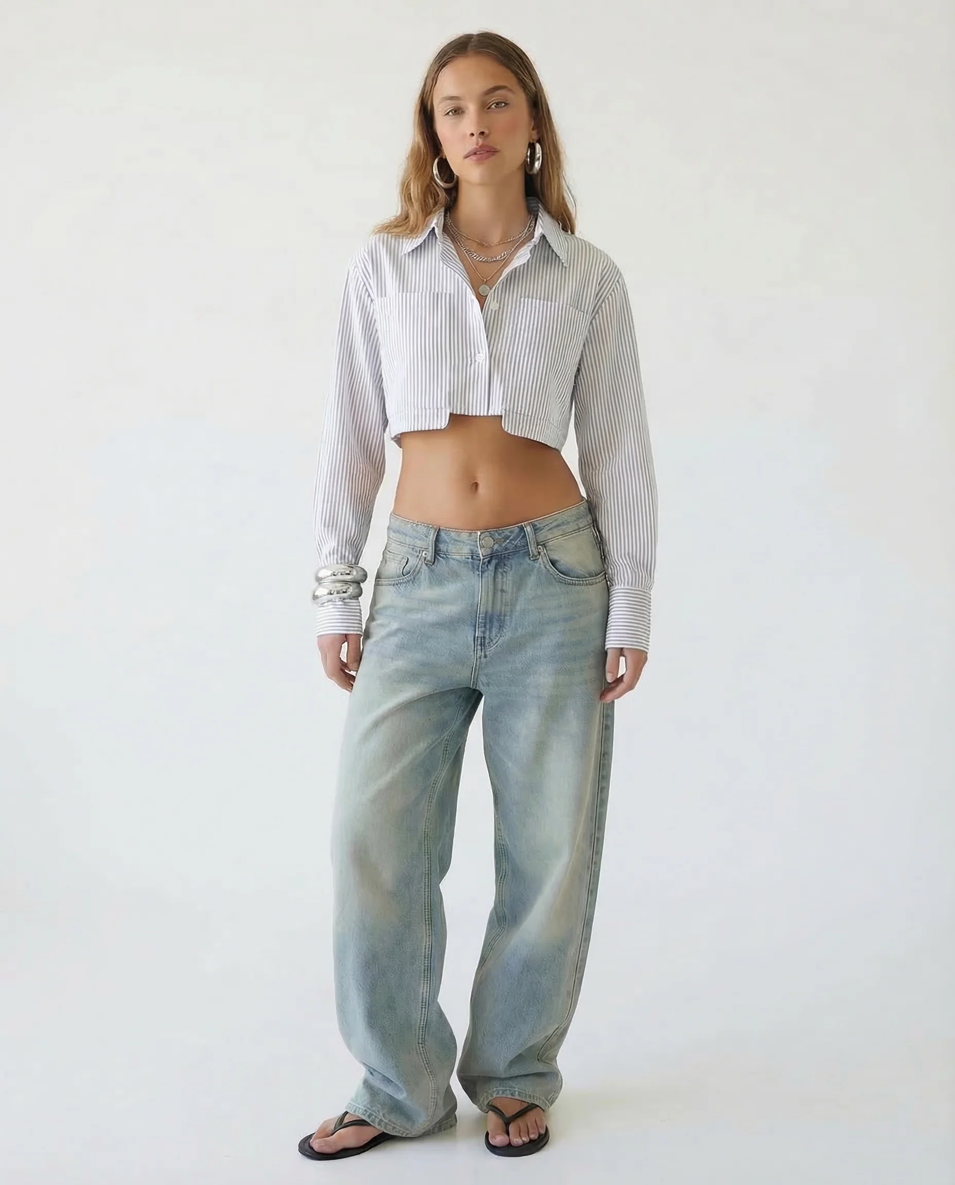 Striped Cropped Button Front Shirt - Image 5