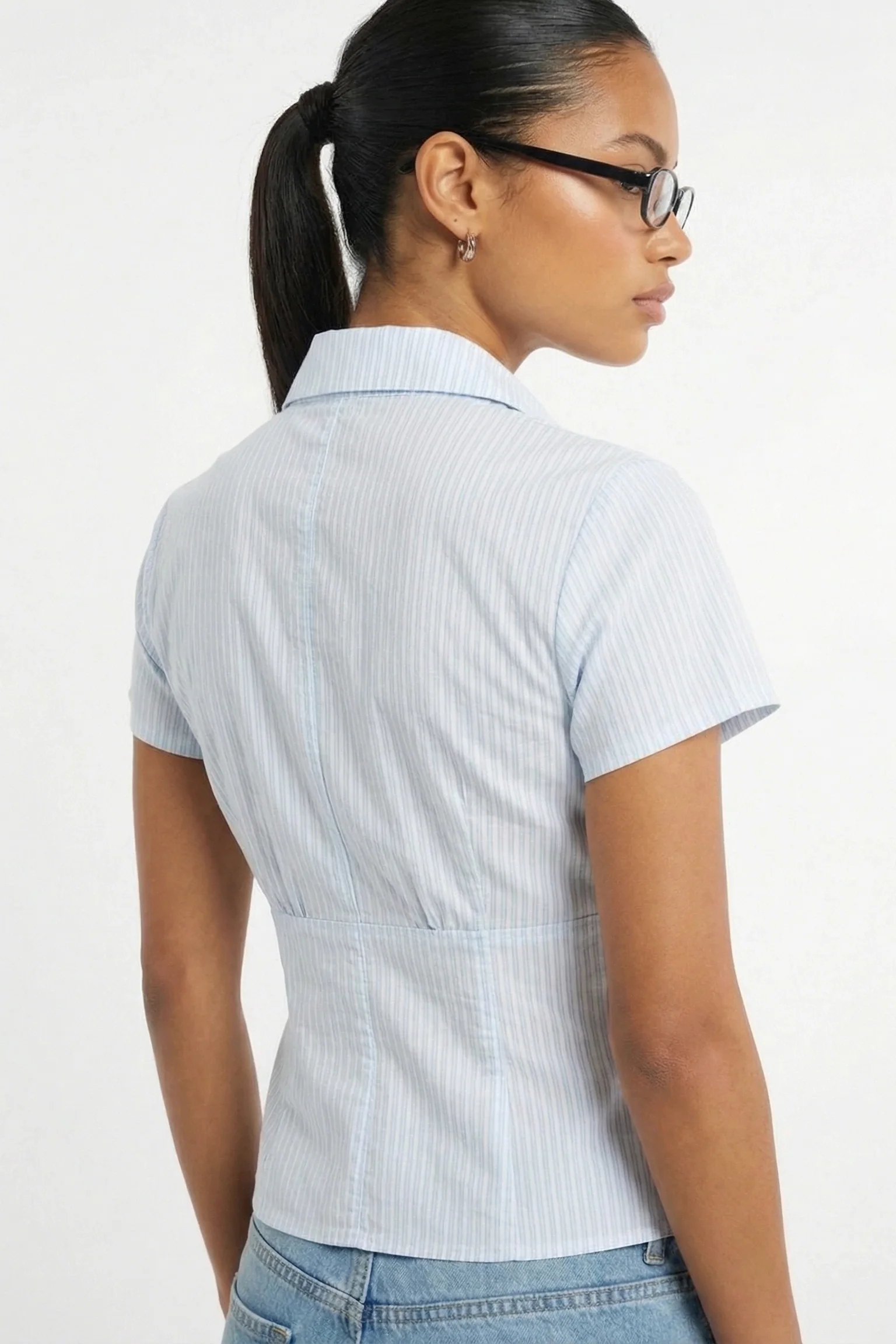 Fitted Short Sleeve Striped Blouse - Image 2
