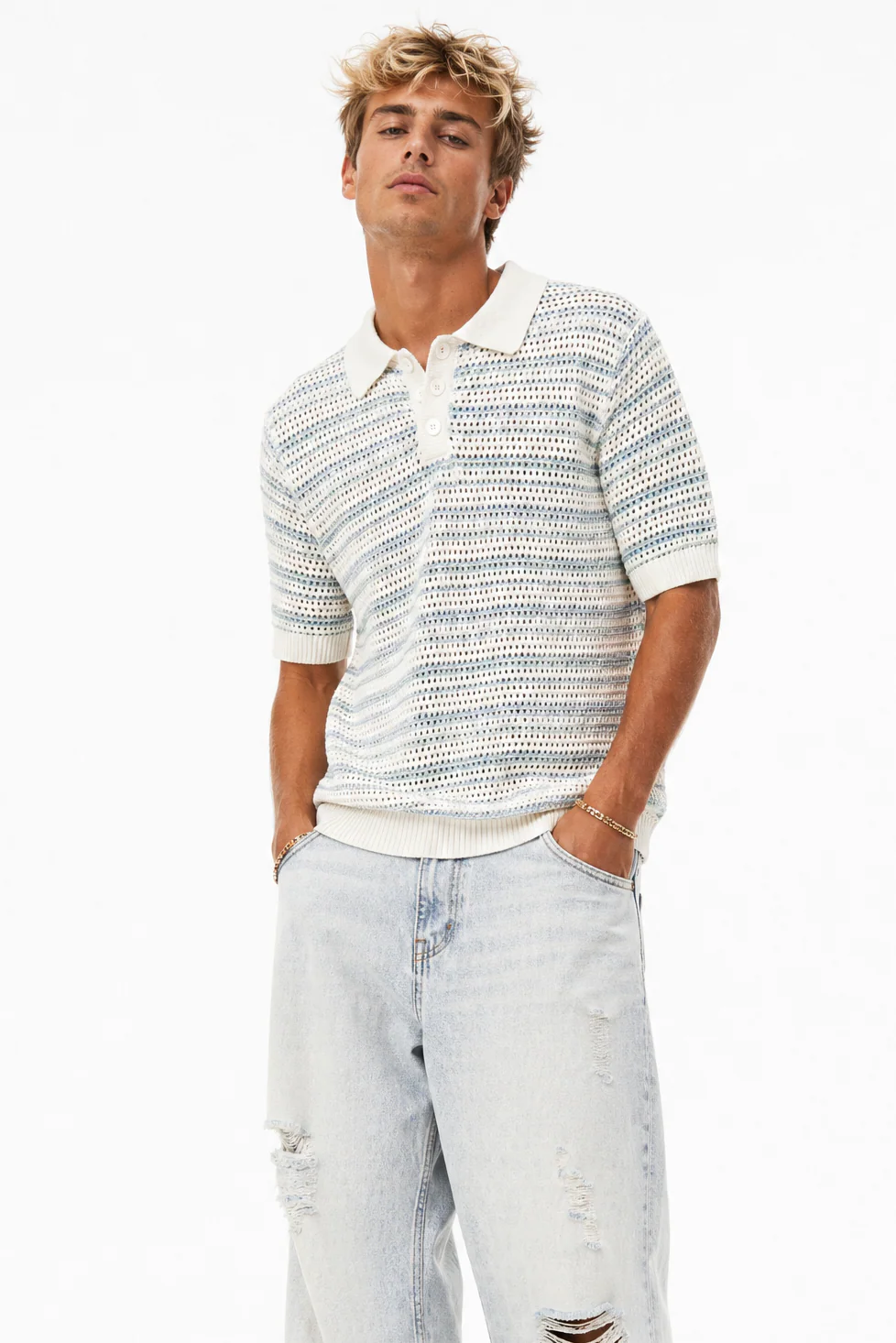 Loose Knit Striped Polo Shirt