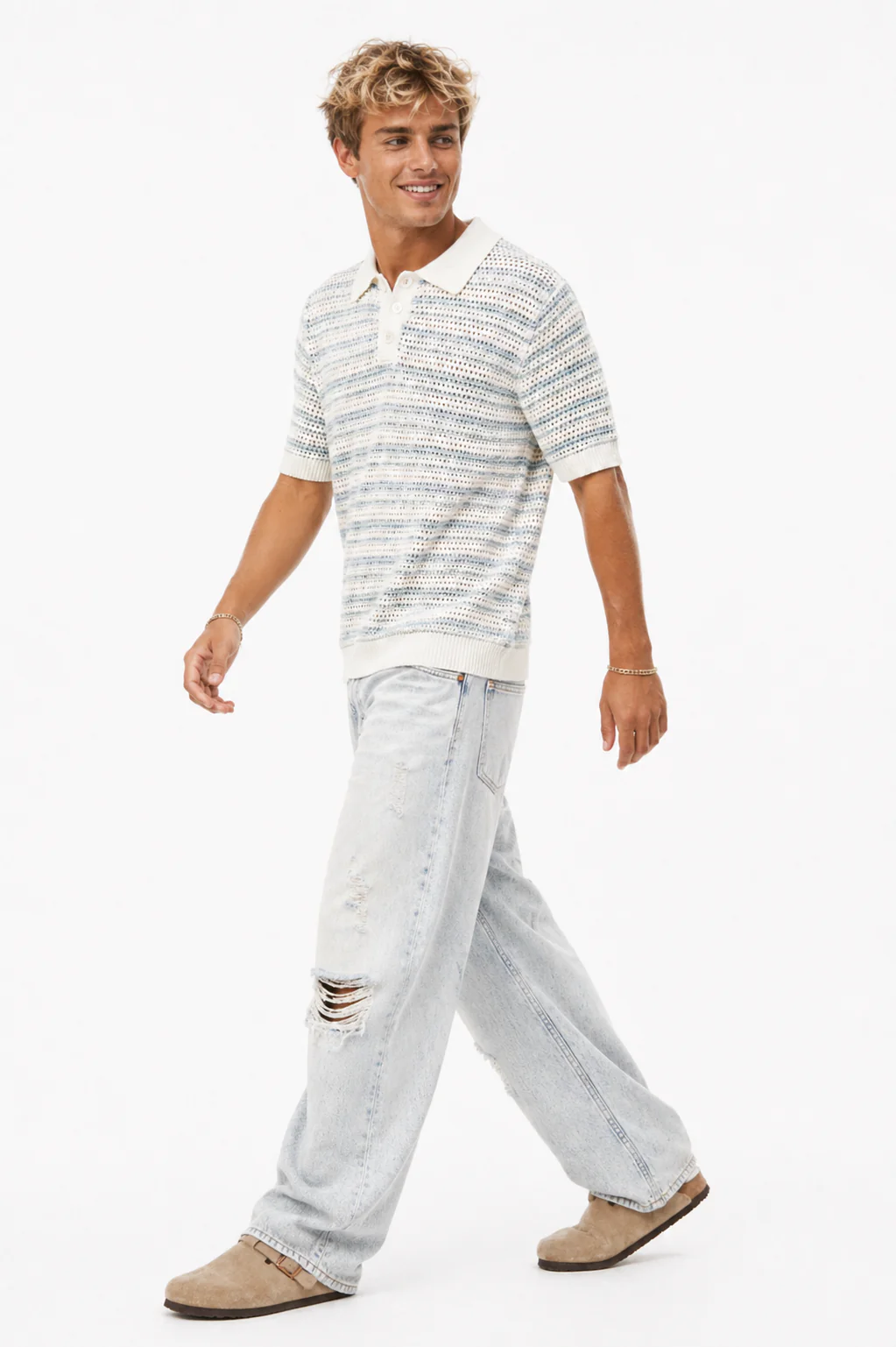 Loose Knit Striped Polo Shirt - Image 2