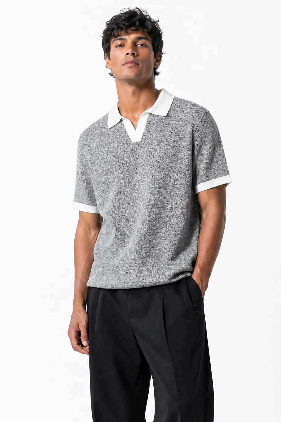 Contrast Hem Knit Collared Shirt